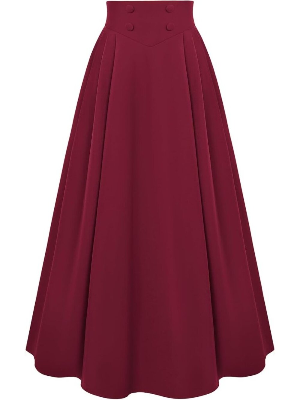 Women's Maroon Side Pleats Back Elastic Waistband Side Zipper Maxi A Line Skirt